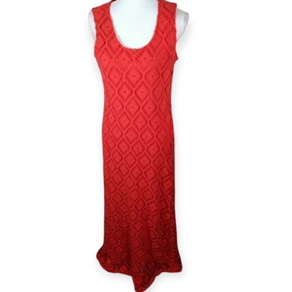 SHARAGANO ORANGE CROCHET OVERLAY MAXI DRESS SZ.16 EUC. - Picture 1 of 8